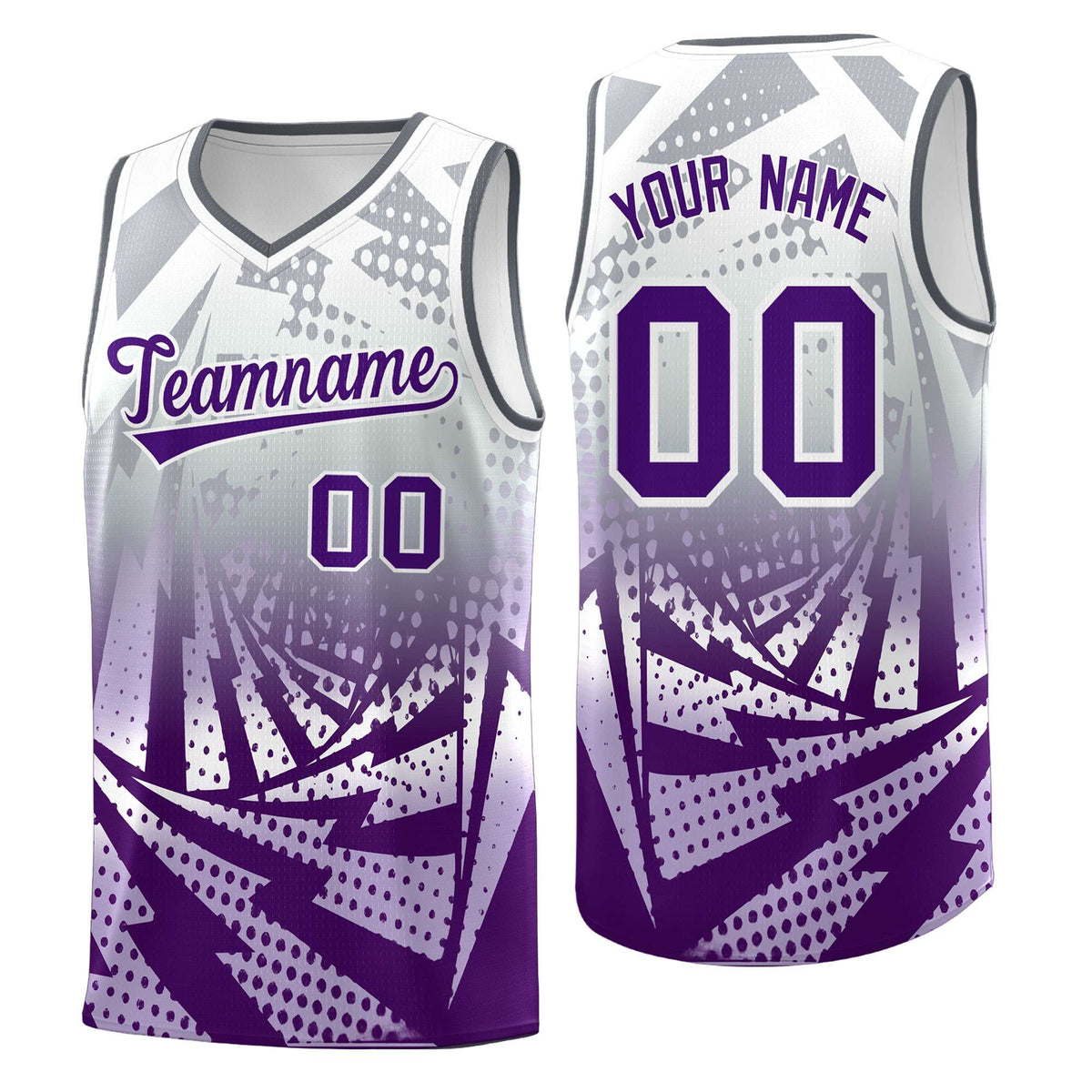 Custom Youth Basketball Jerseys Silver Gray Purple Lightning Design Halftone Personalized Uniforms