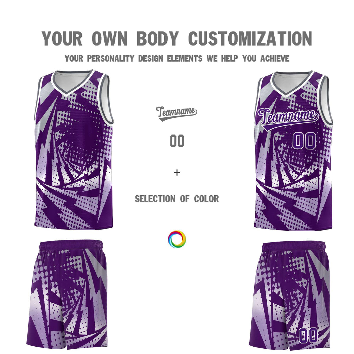 Custom Youth Basketball Jerseys Silver Gray Purple Lightning Design Halftone Personalized Uniforms