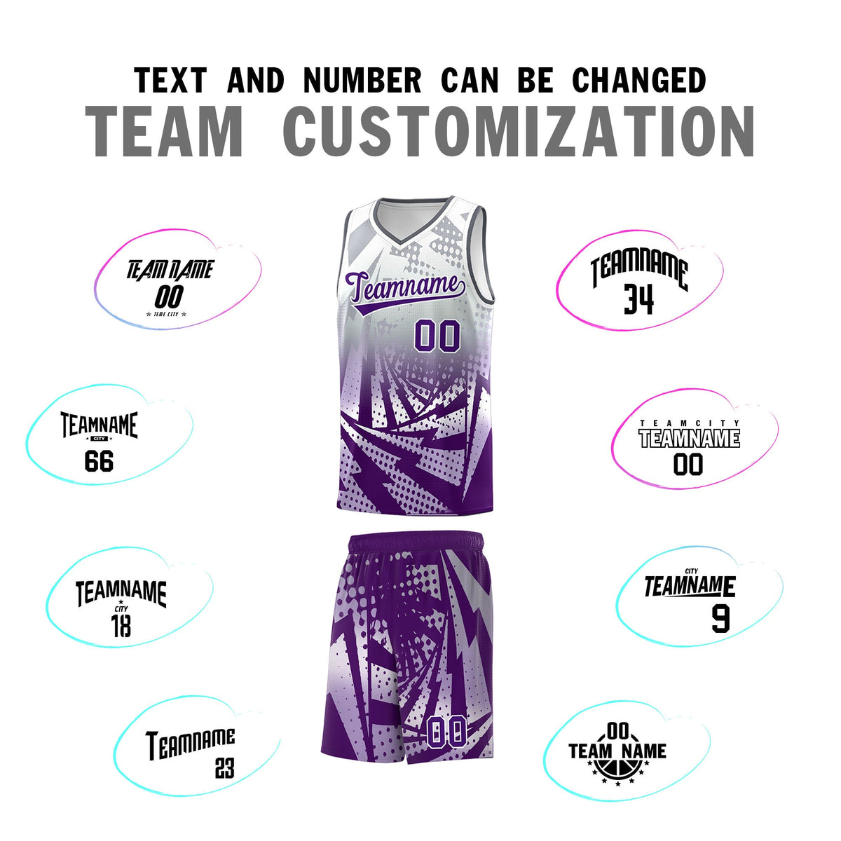 Custom Youth Basketball Jerseys Silver Gray Purple Lightning Design Halftone Personalized Uniforms