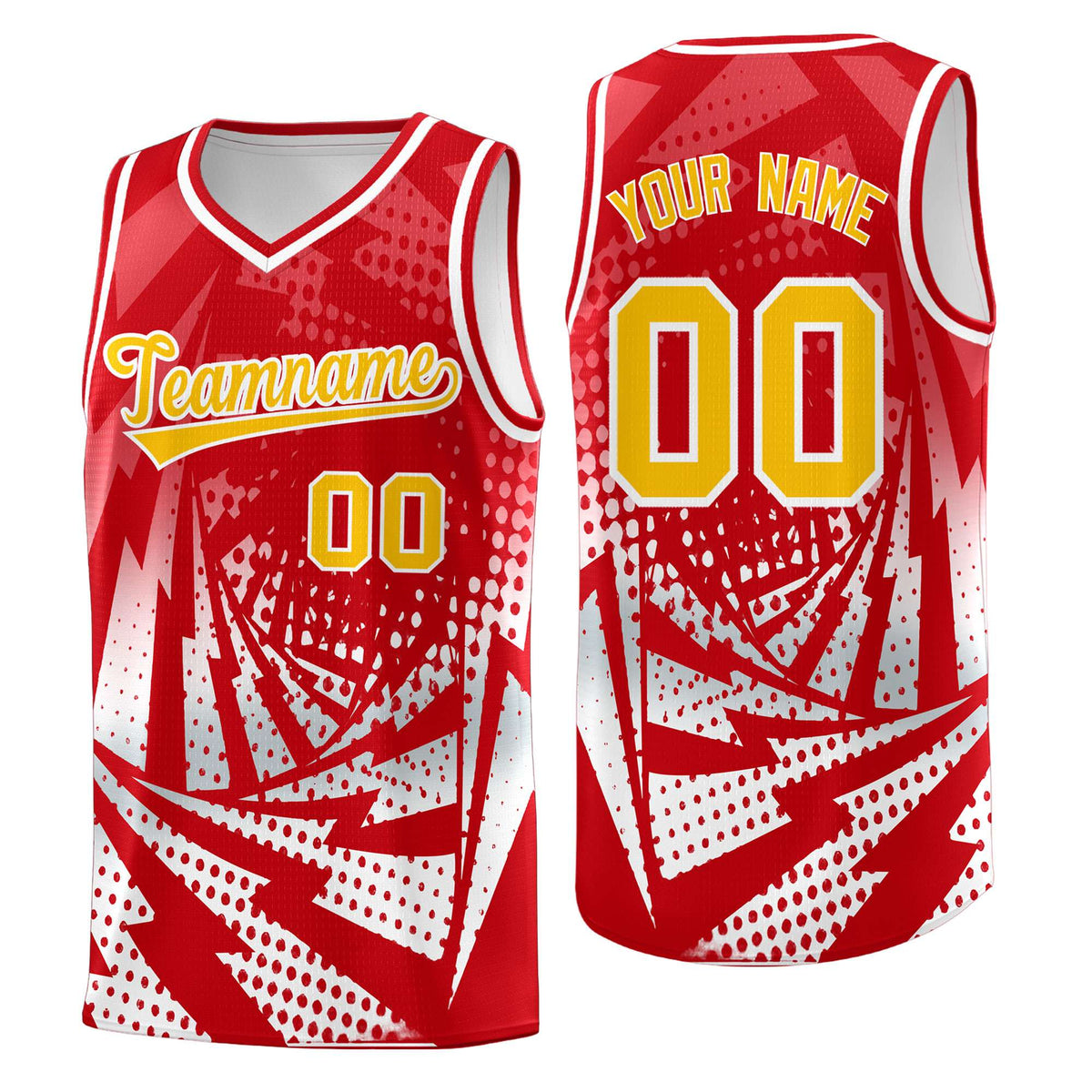 Custom Youth Basketball Jerseys Red White Lightning Halftone Personalized Team Uniforms
