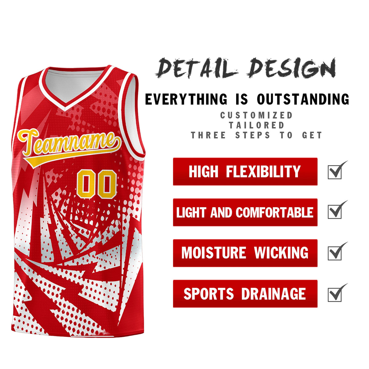 Custom Youth Basketball Jerseys Red White Lightning Halftone Personalized Team Uniforms