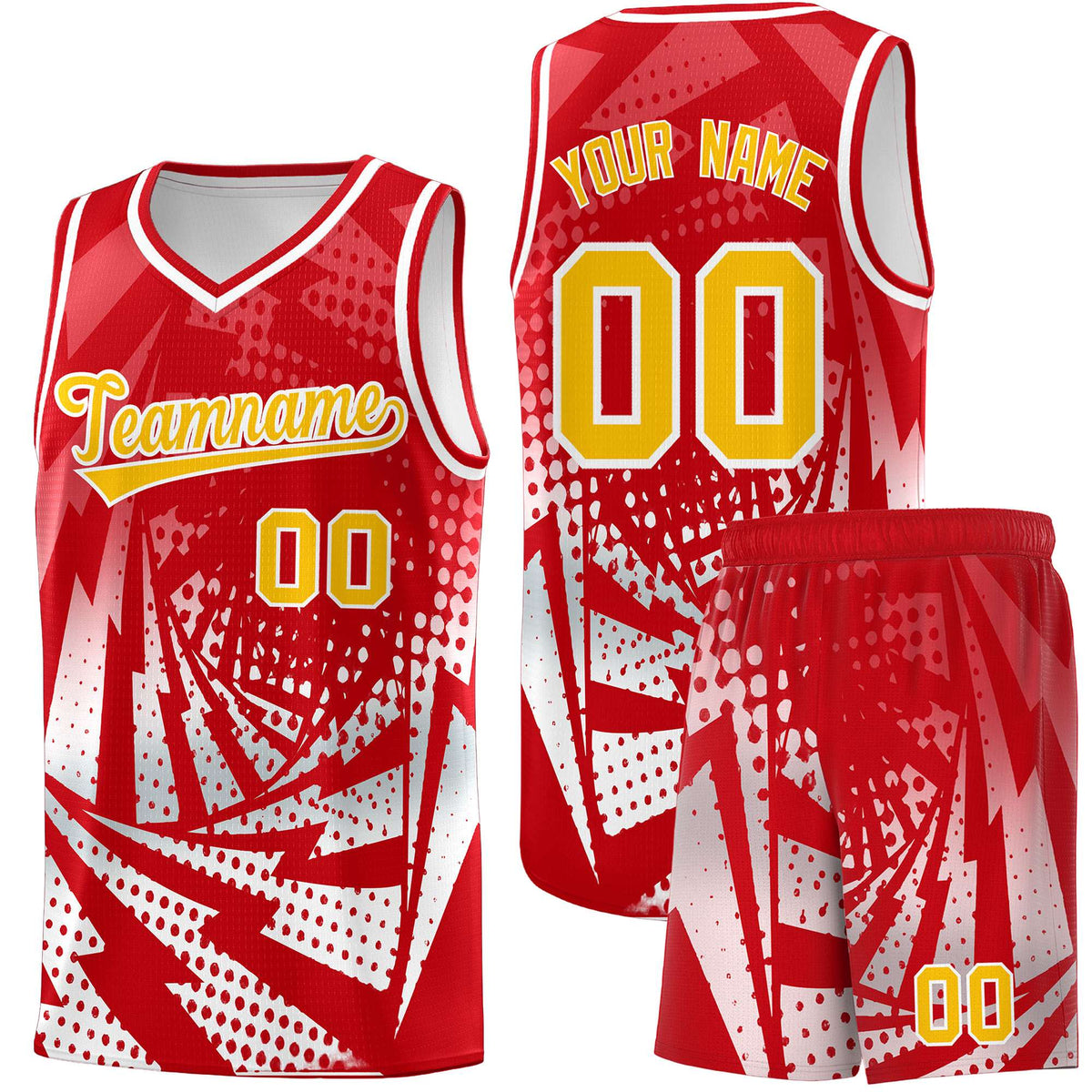 Custom Youth Basketball Jerseys Red White Lightning Halftone Personalized Team Uniforms