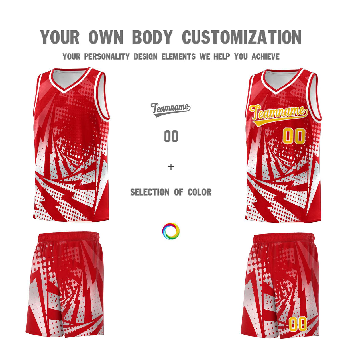Custom Youth Basketball Jerseys Red White Lightning Halftone Personalized Team Uniforms