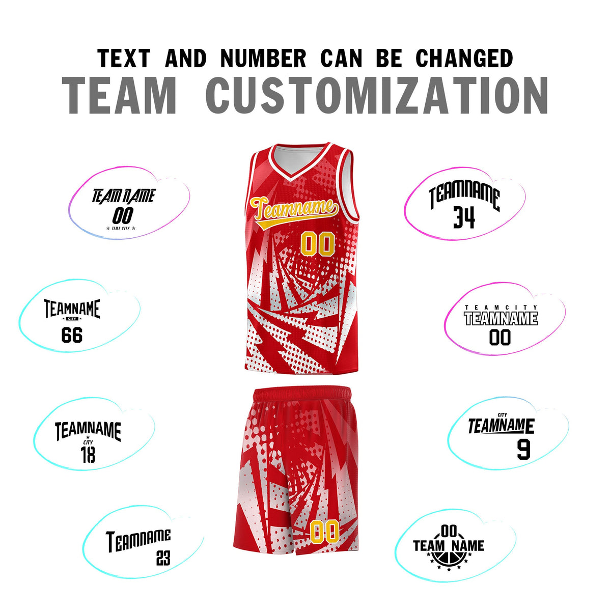 Custom Youth Basketball Jerseys Red White Lightning Halftone Personalized Team Uniforms