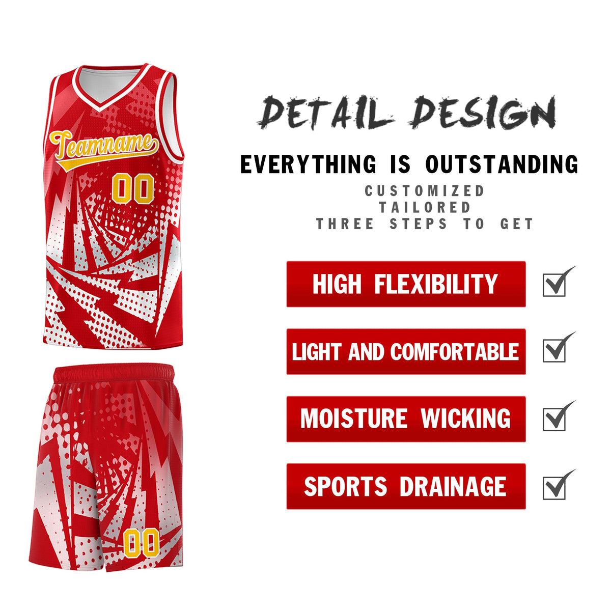 Custom Youth Basketball Jerseys Red White Lightning Halftone Personalized Team Uniforms