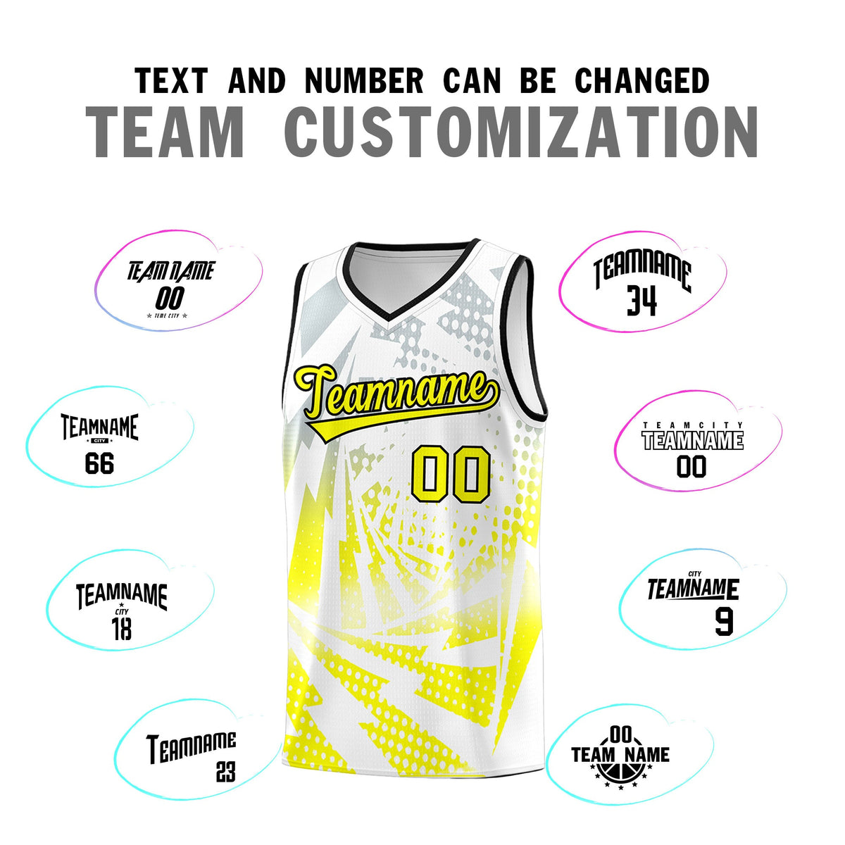 Custom Youth Basketball Jerseys White Fluorescent Yellow Lightning Halftone Personalized Team Uniforms