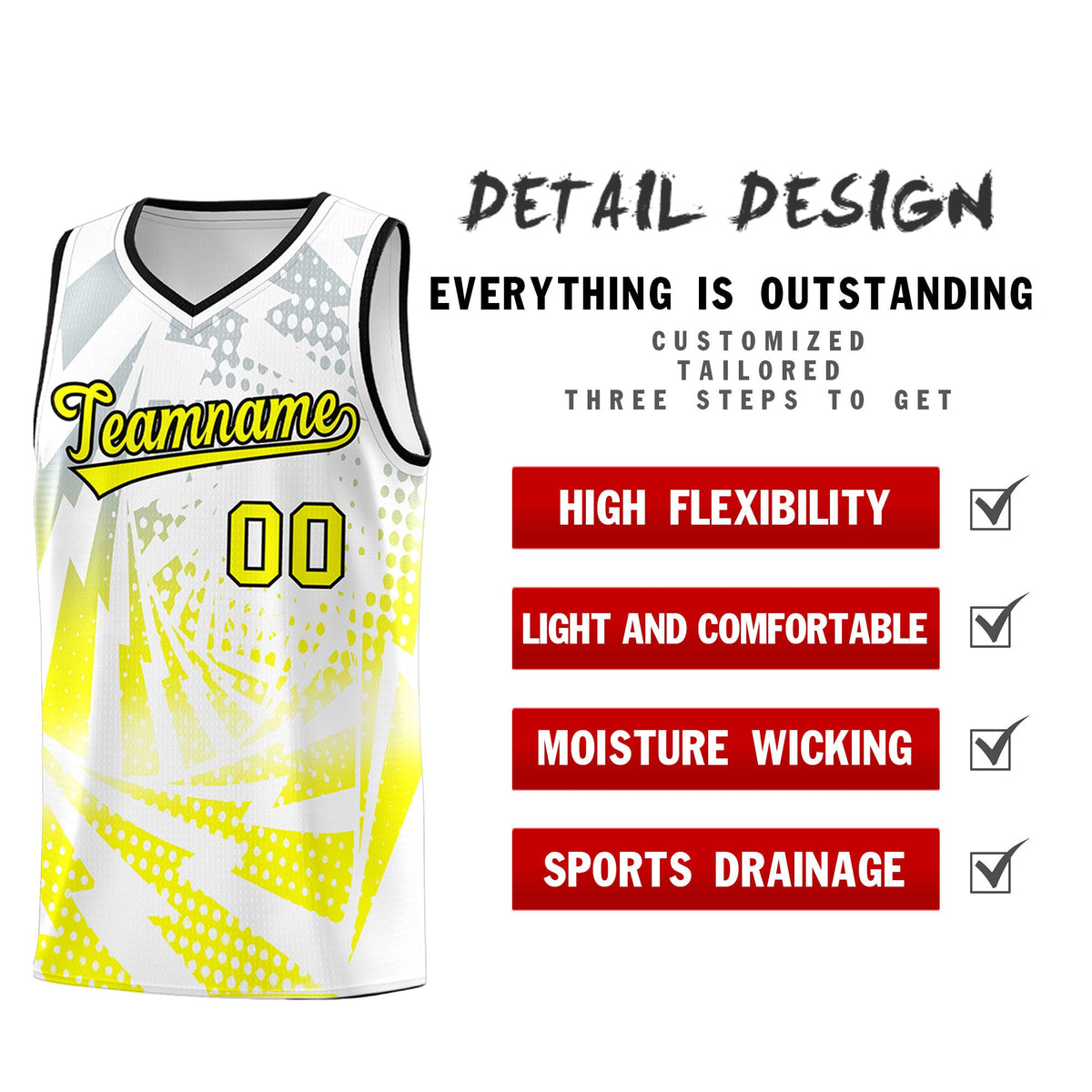 Custom Youth Basketball Jerseys White Fluorescent Yellow Lightning Halftone Personalized Team Uniforms