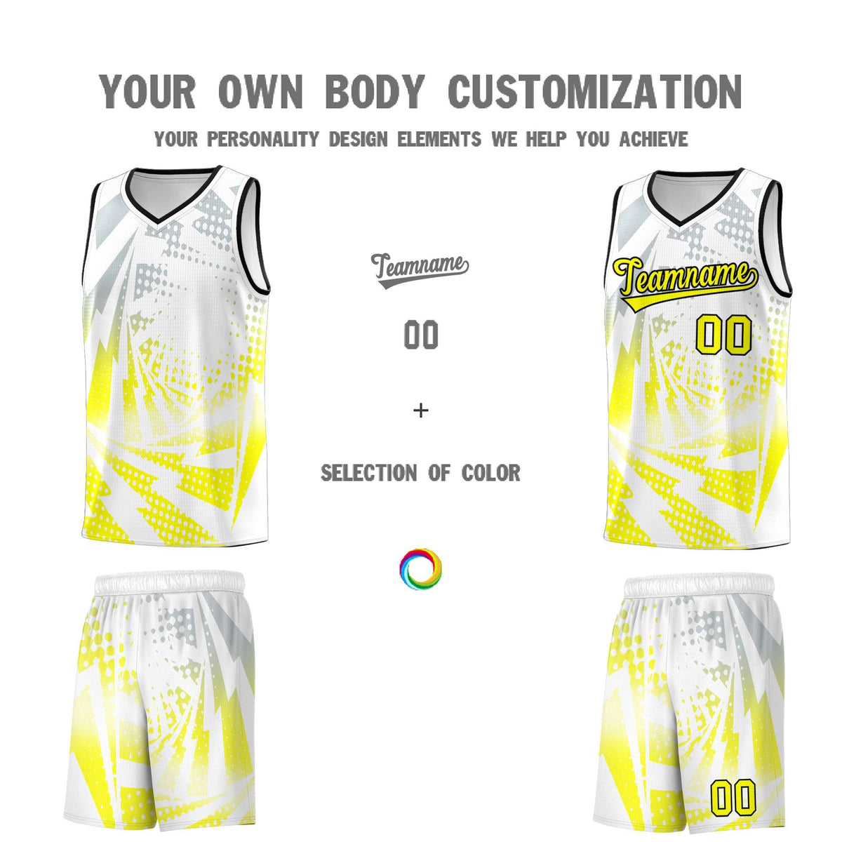 Custom Youth Basketball Jerseys White Fluorescent Yellow Lightning Halftone Personalized Team Uniforms