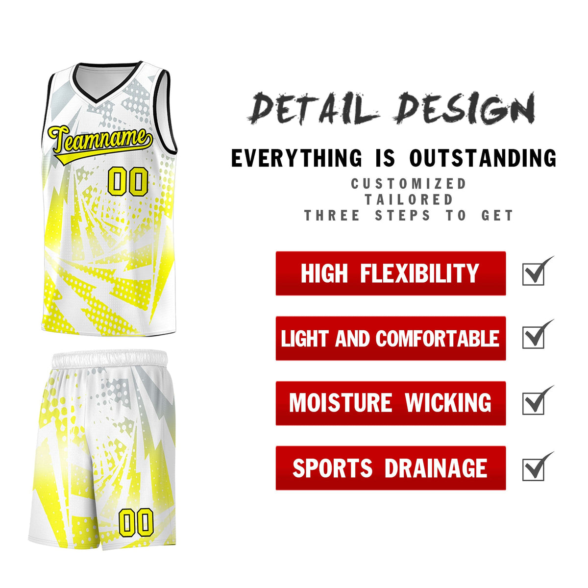 Custom Youth Basketball Jerseys White Fluorescent Yellow Lightning Halftone Personalized Team Uniforms
