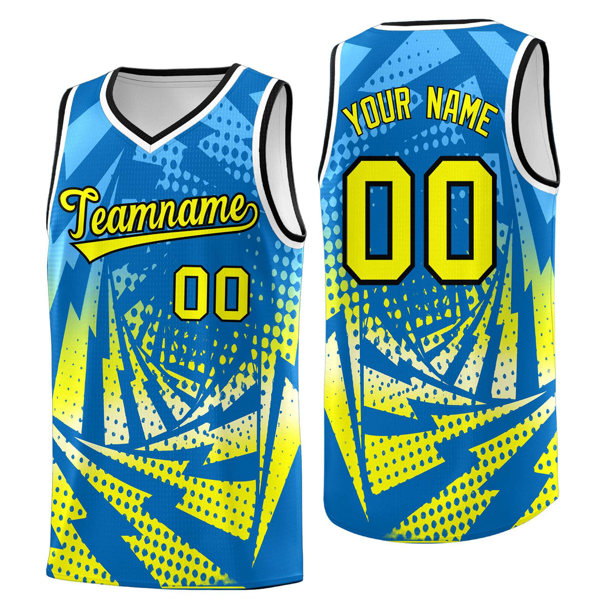 Custom Youth Basketball Jerseys Light Blue Fluorescent Yellow Lightning Design Halftone Personalized Uniforms