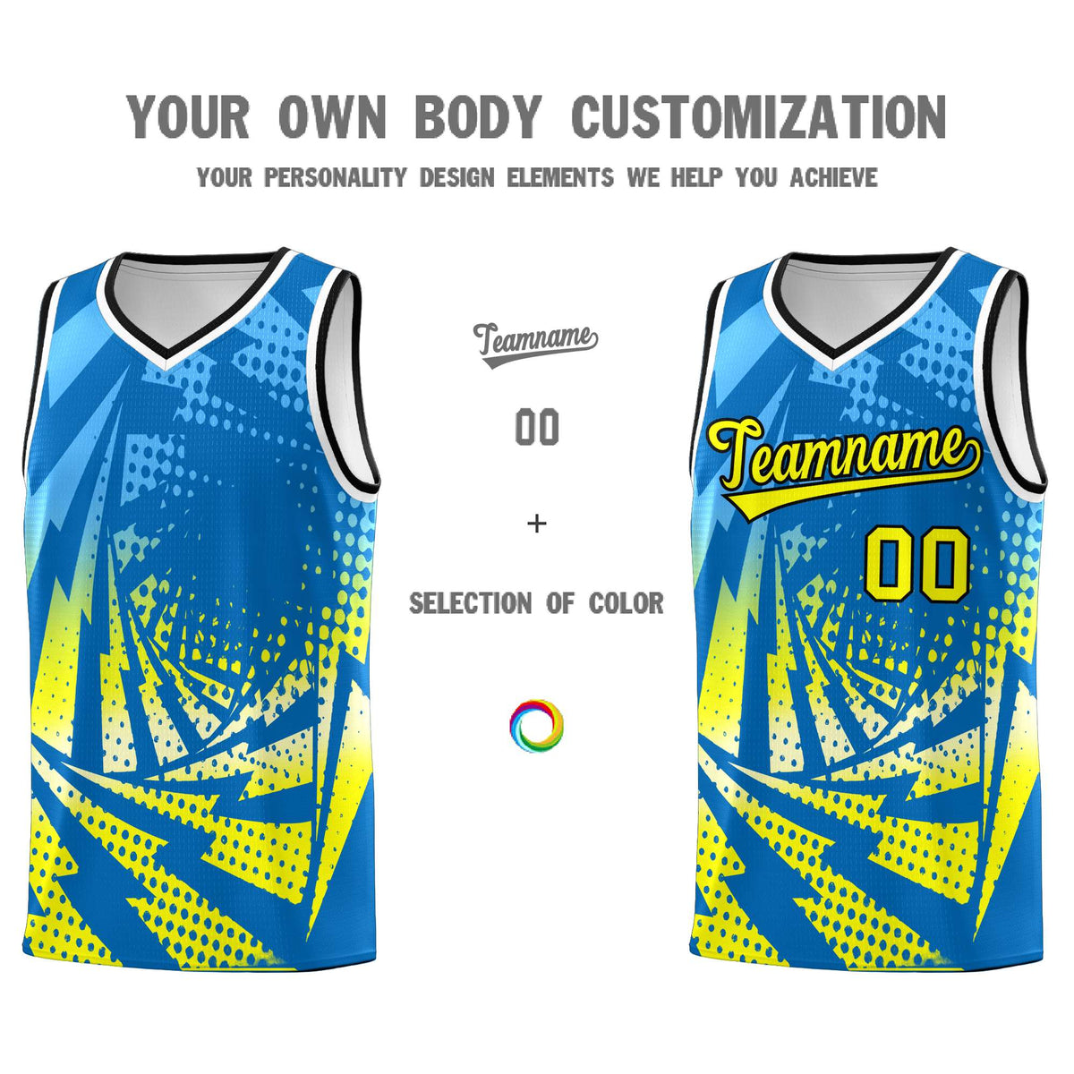 Custom Youth Basketball Jerseys Light Blue Fluorescent Yellow Lightning Design Halftone Personalized Uniforms