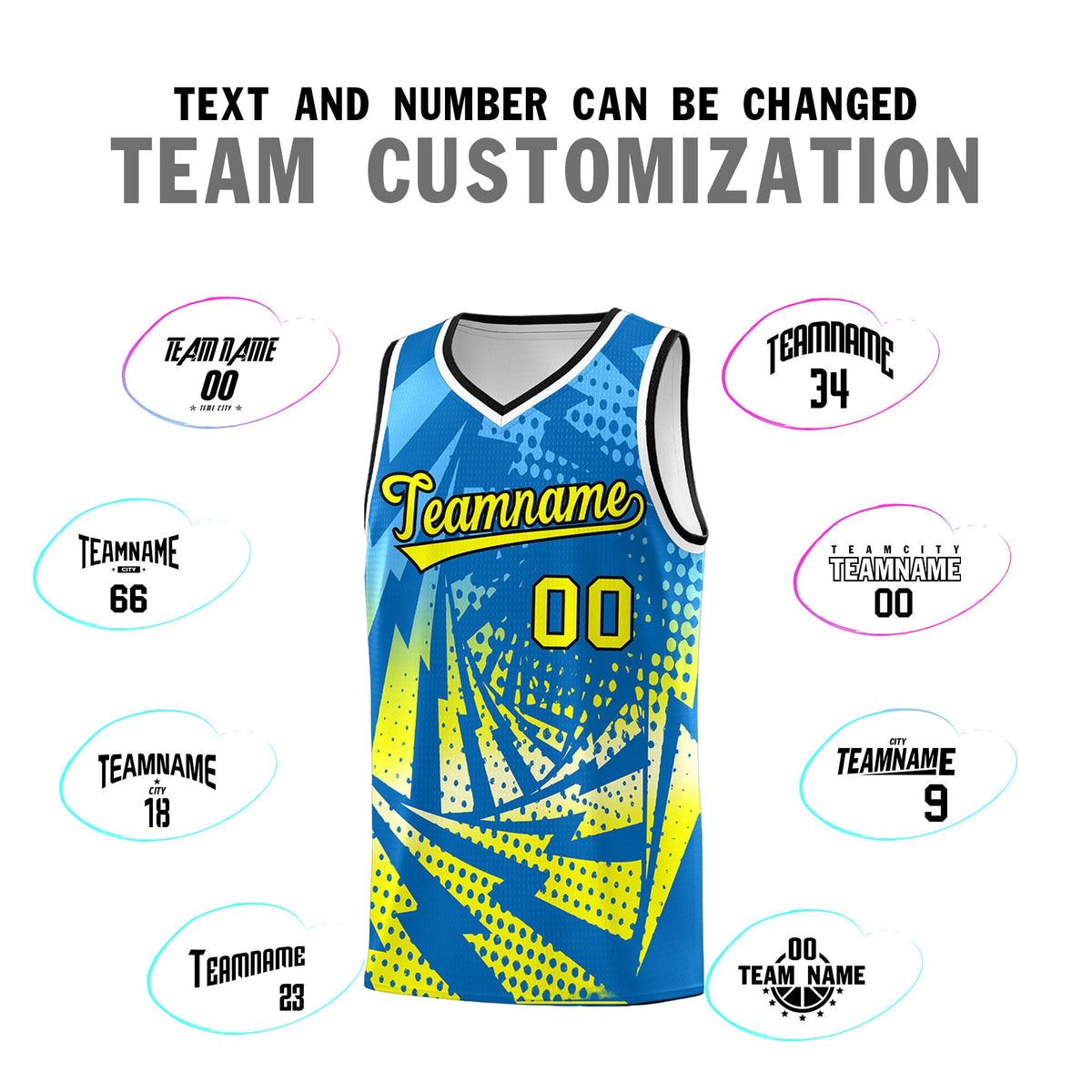 Custom Youth Basketball Jerseys Light Blue Fluorescent Yellow Lightning Design Halftone Personalized Uniforms