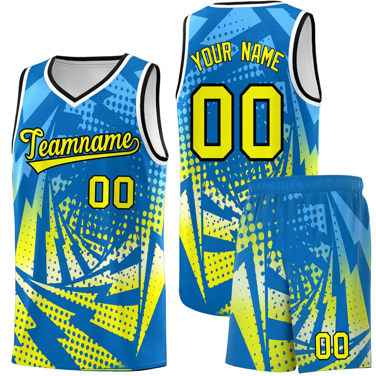 Custom Youth Basketball Jerseys Light Blue Fluorescent Yellow Lightning Design Halftone Personalized Uniforms