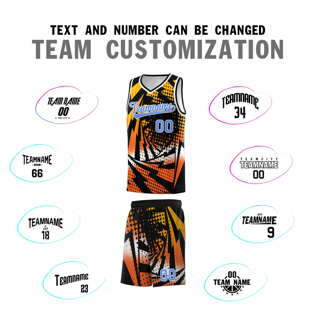 Custom Youth Basketball Jerseys Black Orange Lightning Design Halftone Personalized Uniforms