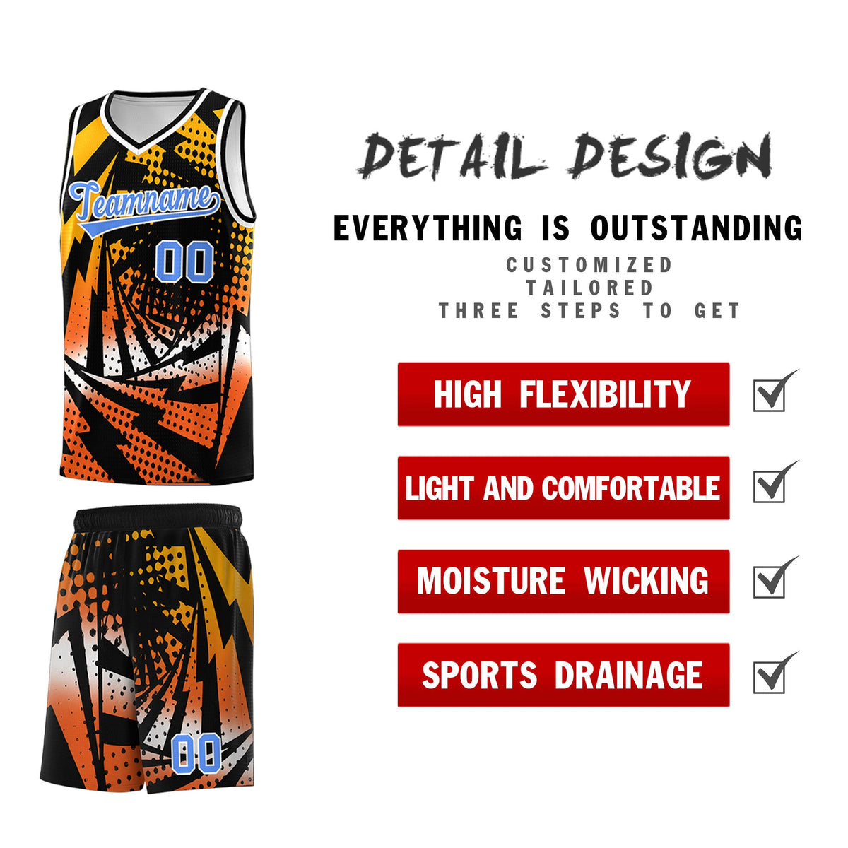 Custom Youth Basketball Jerseys Black Orange Lightning Design Halftone Personalized Uniforms