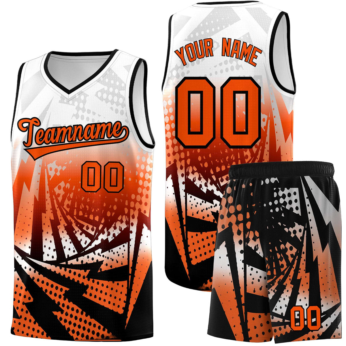 Custom Youth Basketball Jerseys White Orange Lightning Halftone Personalized Team Uniforms