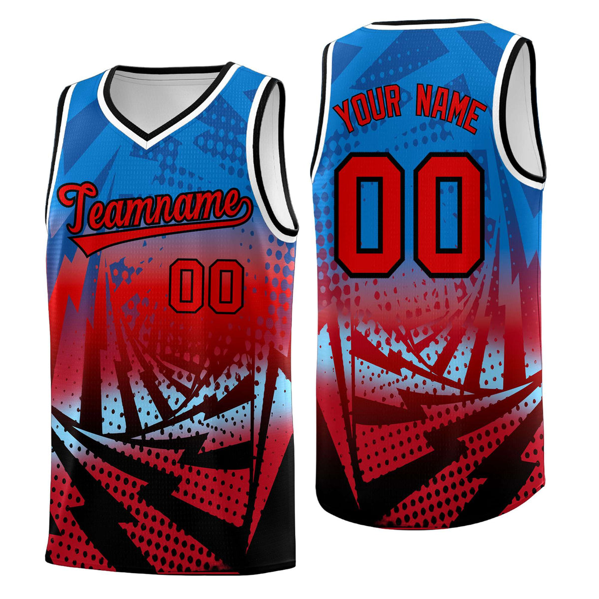 Custom Youth Basketball Jerseys Royal Red Lightning Design Halftone Personalized Uniforms