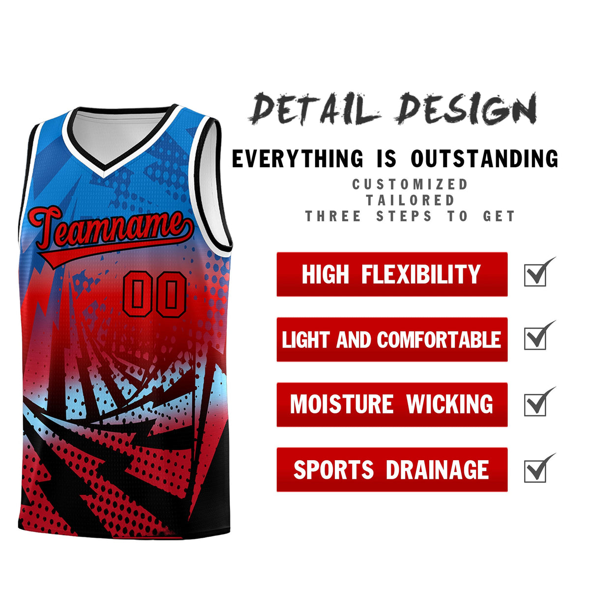 Custom Youth Basketball Jerseys Royal Red Lightning Design Halftone Personalized Uniforms