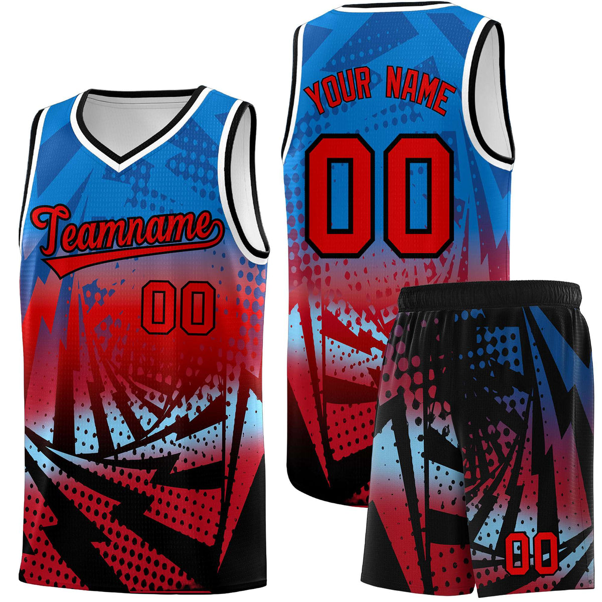 Custom Youth Basketball Jerseys Royal Red Lightning Design Halftone Personalized Uniforms