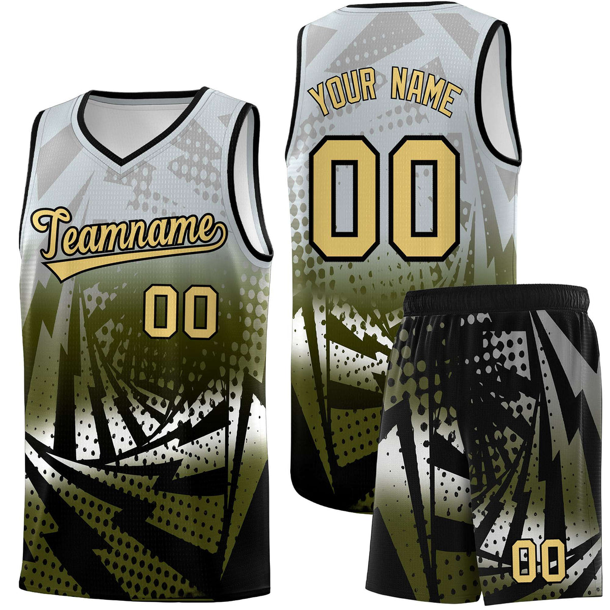 Custom Youth Basketball Jerseys Silver Gray Olive Lightning Design Halftone Personalized Uniforms