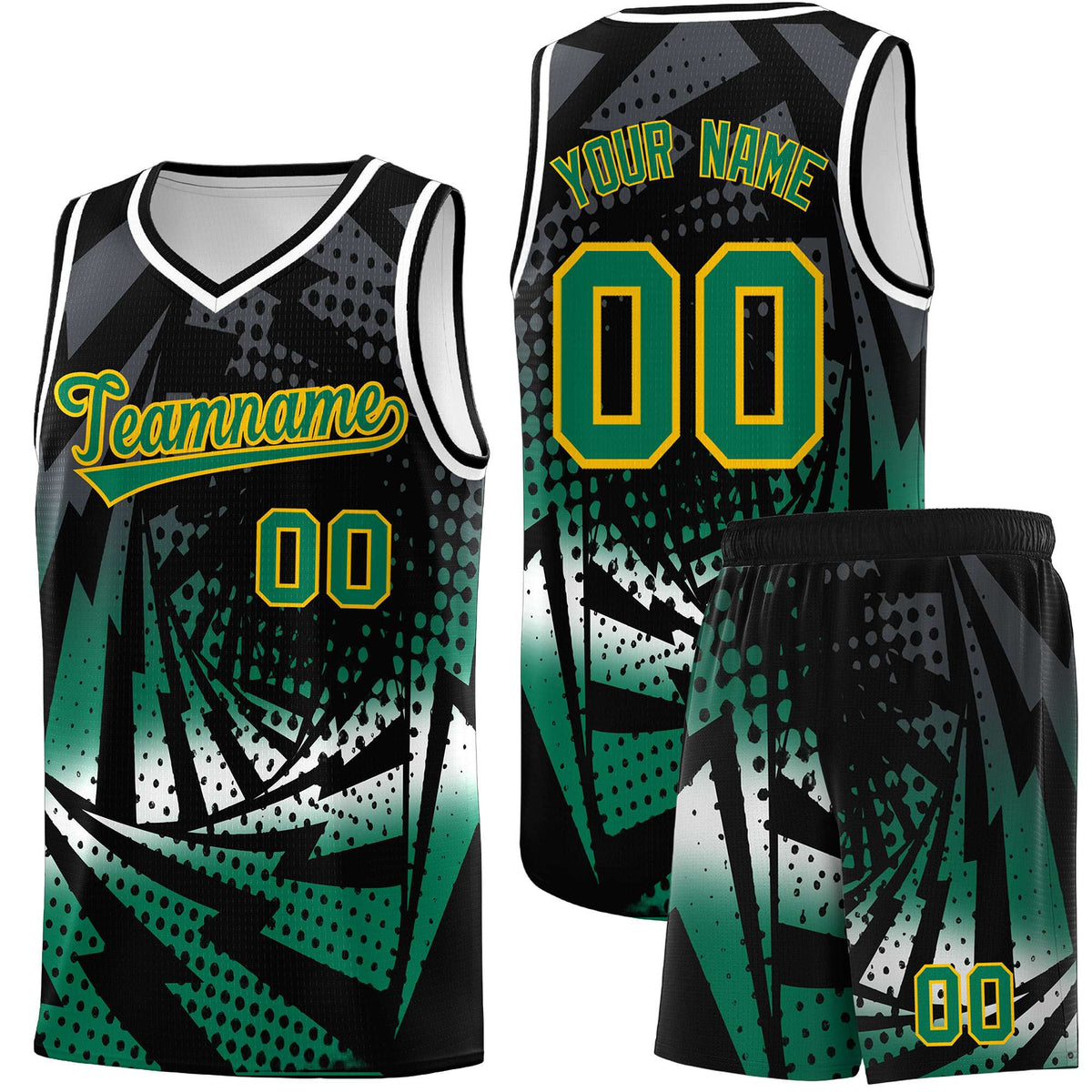 Custom Youth Basketball Jerseys Black Kelly Green Lightning Design Halftone Personalized Uniforms