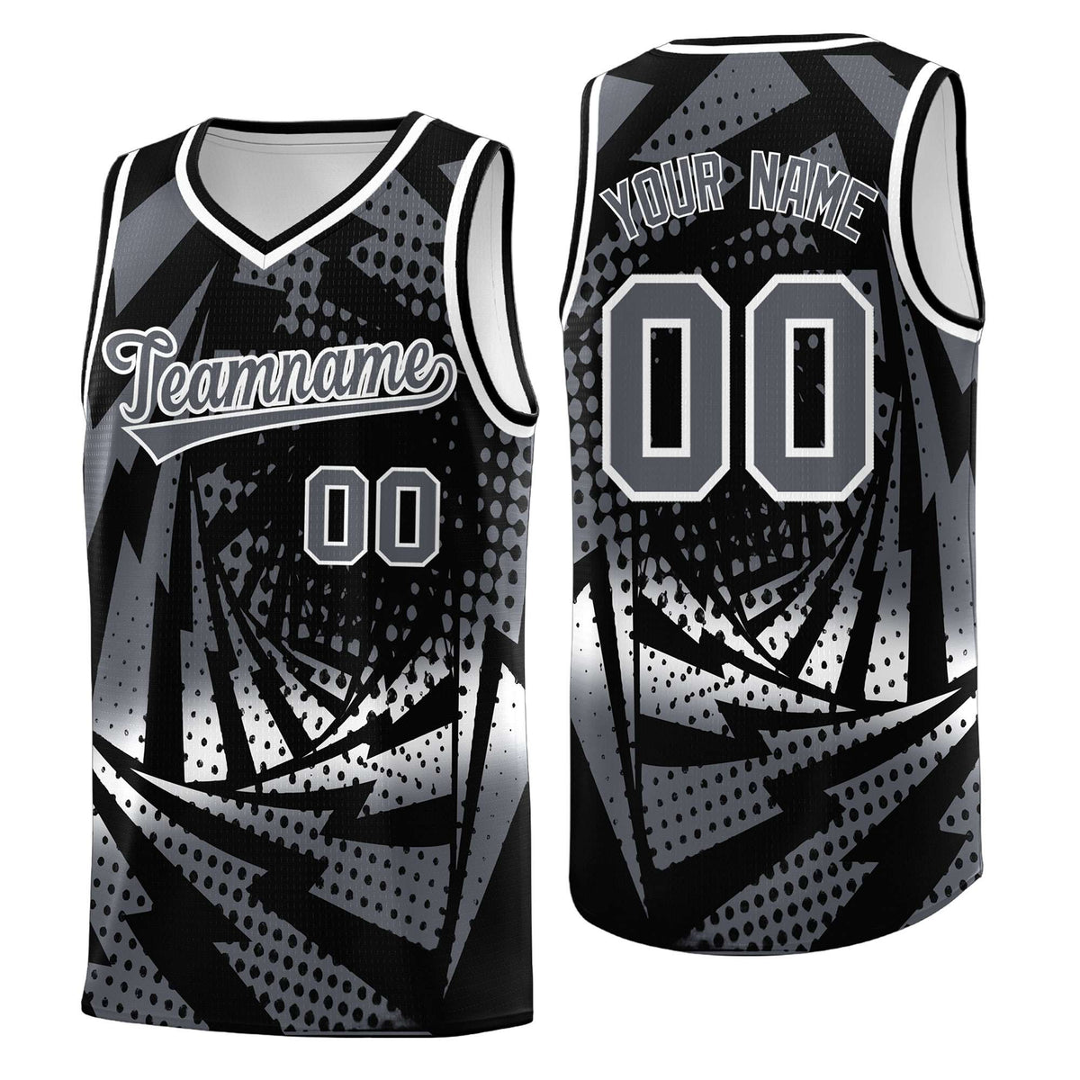 Custom Youth Basketball Jerseys Black Dark Gray Lightning Design Halftone Personalized Uniforms