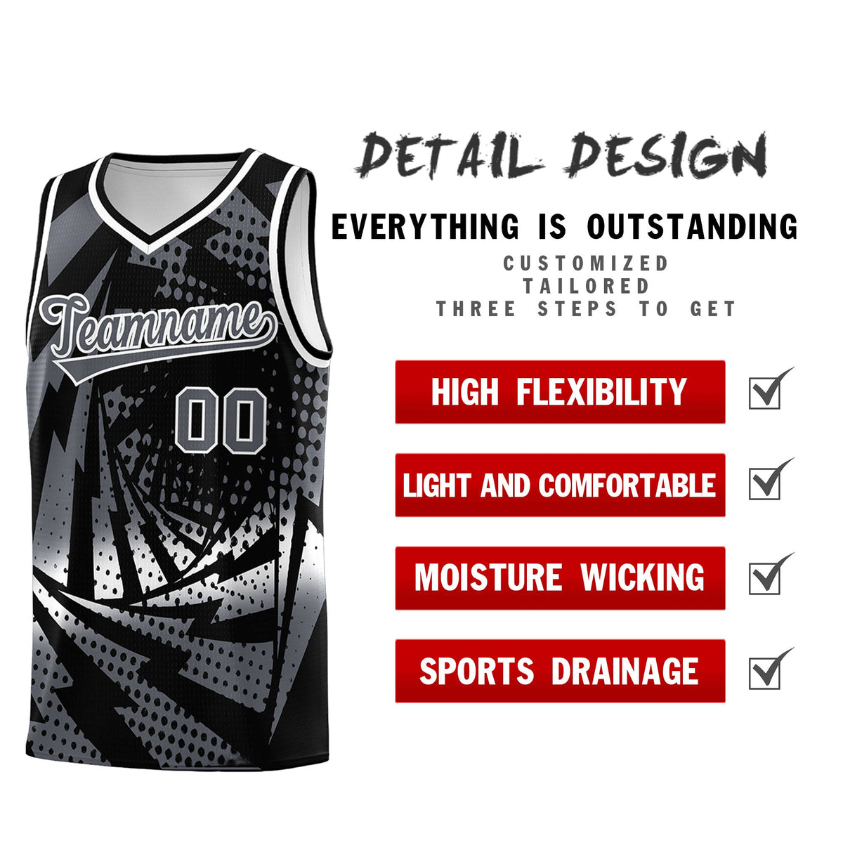 Custom Youth Basketball Jerseys Black Dark Gray Lightning Design Halftone Personalized Uniforms