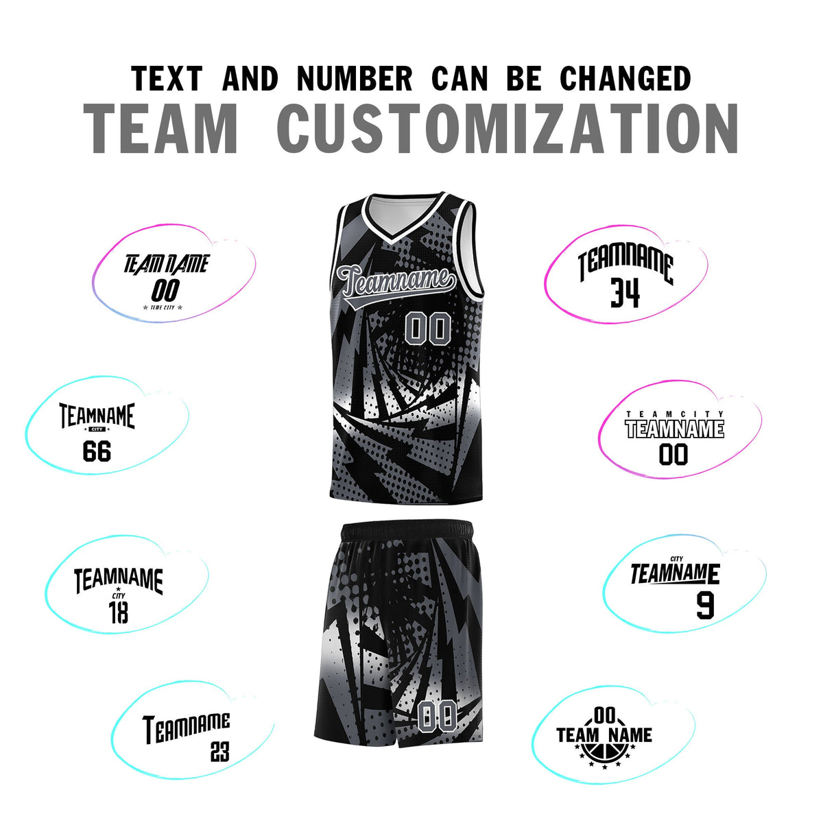 Custom Youth Basketball Jerseys Black Dark Gray Lightning Design Halftone Personalized Uniforms