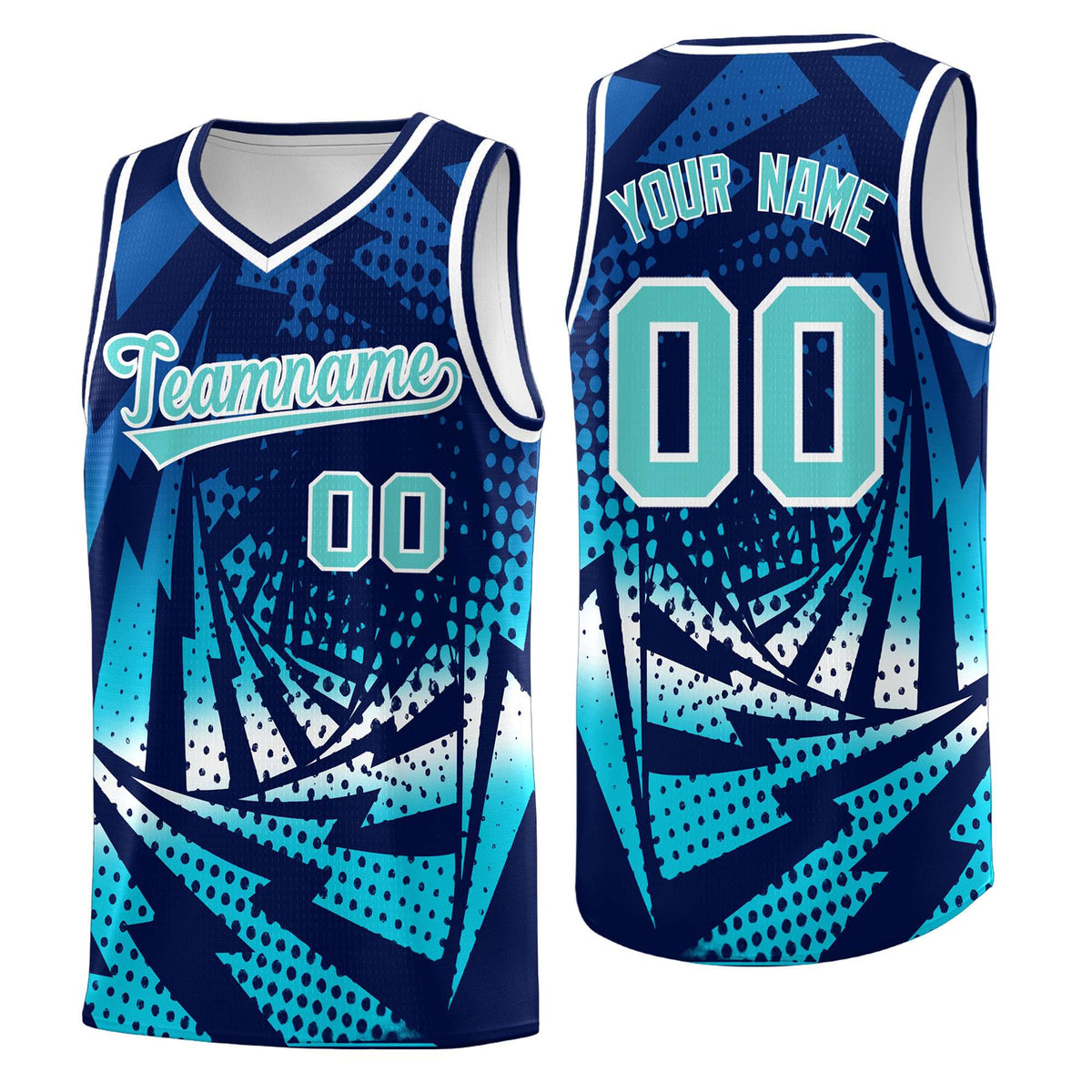 Custom Youth Basketball Jerseys Navy Sky Blue Lightning Halftone Personalized Team Uniforms