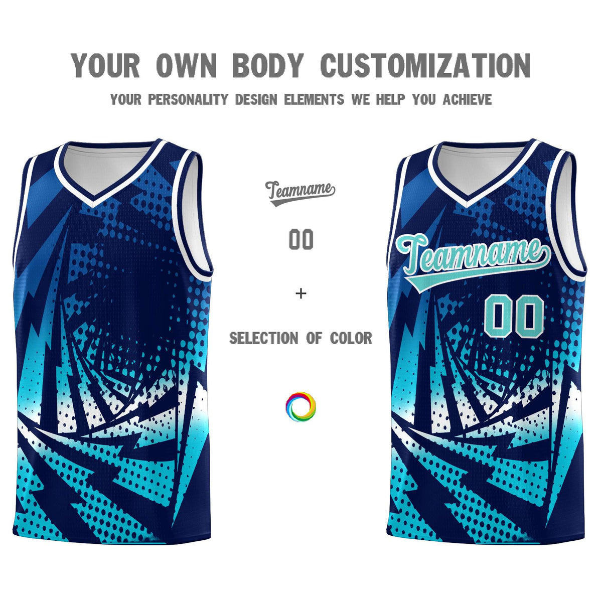 Custom Youth Basketball Jerseys Navy Sky Blue Lightning Halftone Personalized Team Uniforms