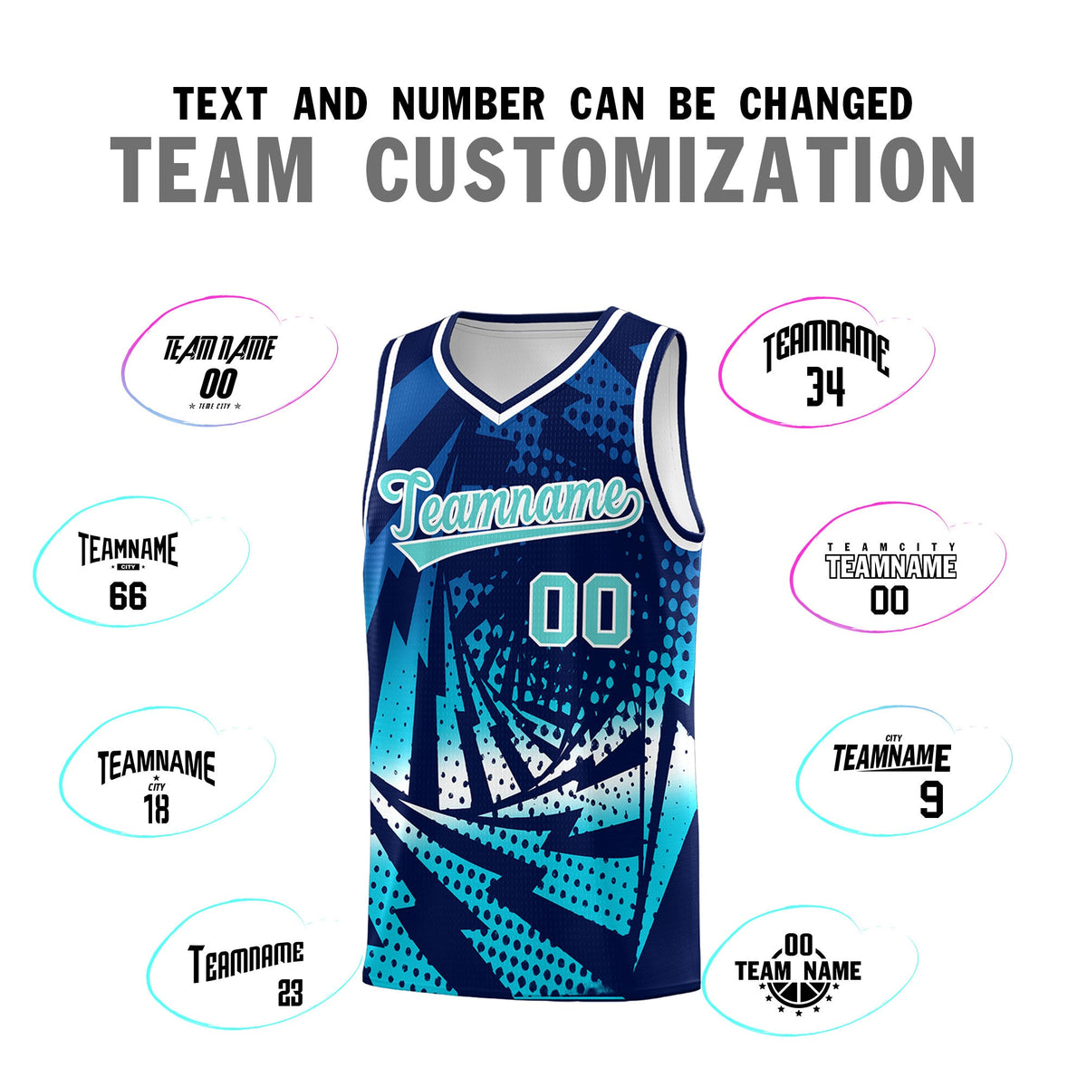 Custom Youth Basketball Jerseys Navy Sky Blue Lightning Halftone Personalized Team Uniforms