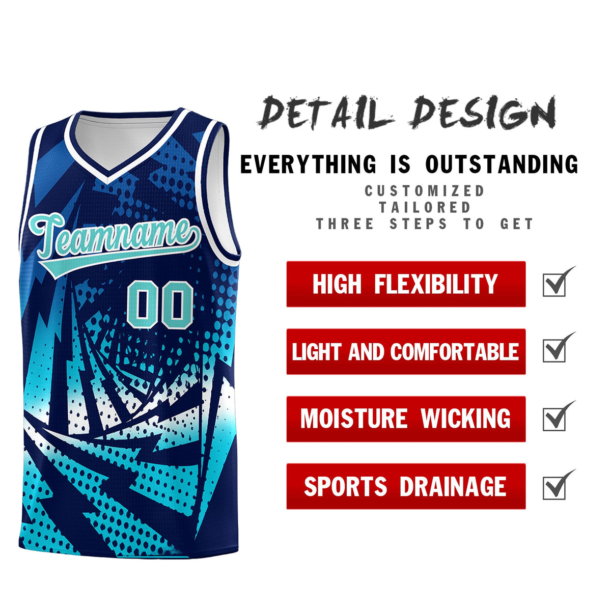 Custom Youth Basketball Jerseys Navy Sky Blue Lightning Halftone Personalized Team Uniforms