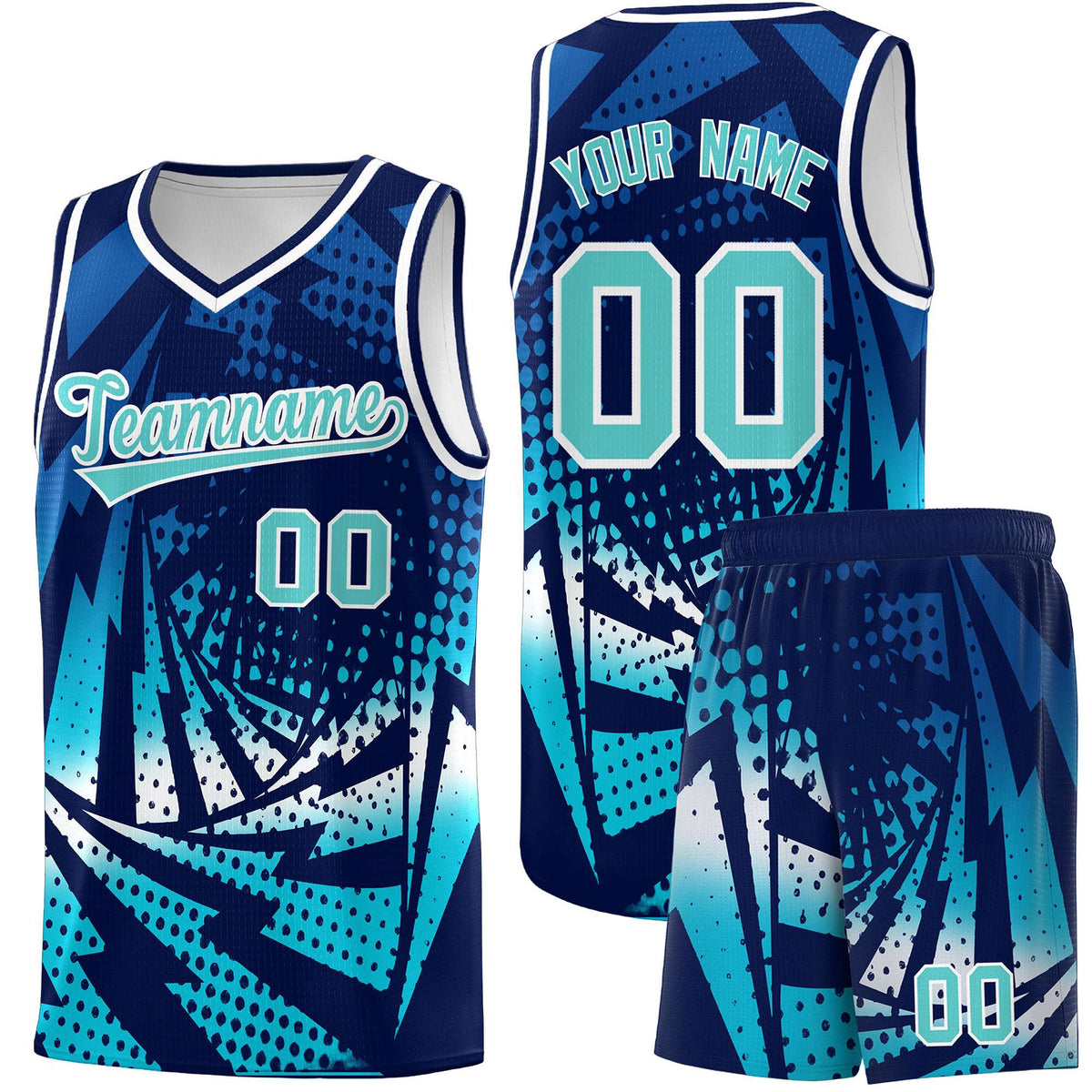 Custom Youth Basketball Jerseys Navy Sky Blue Lightning Halftone Personalized Team Uniforms