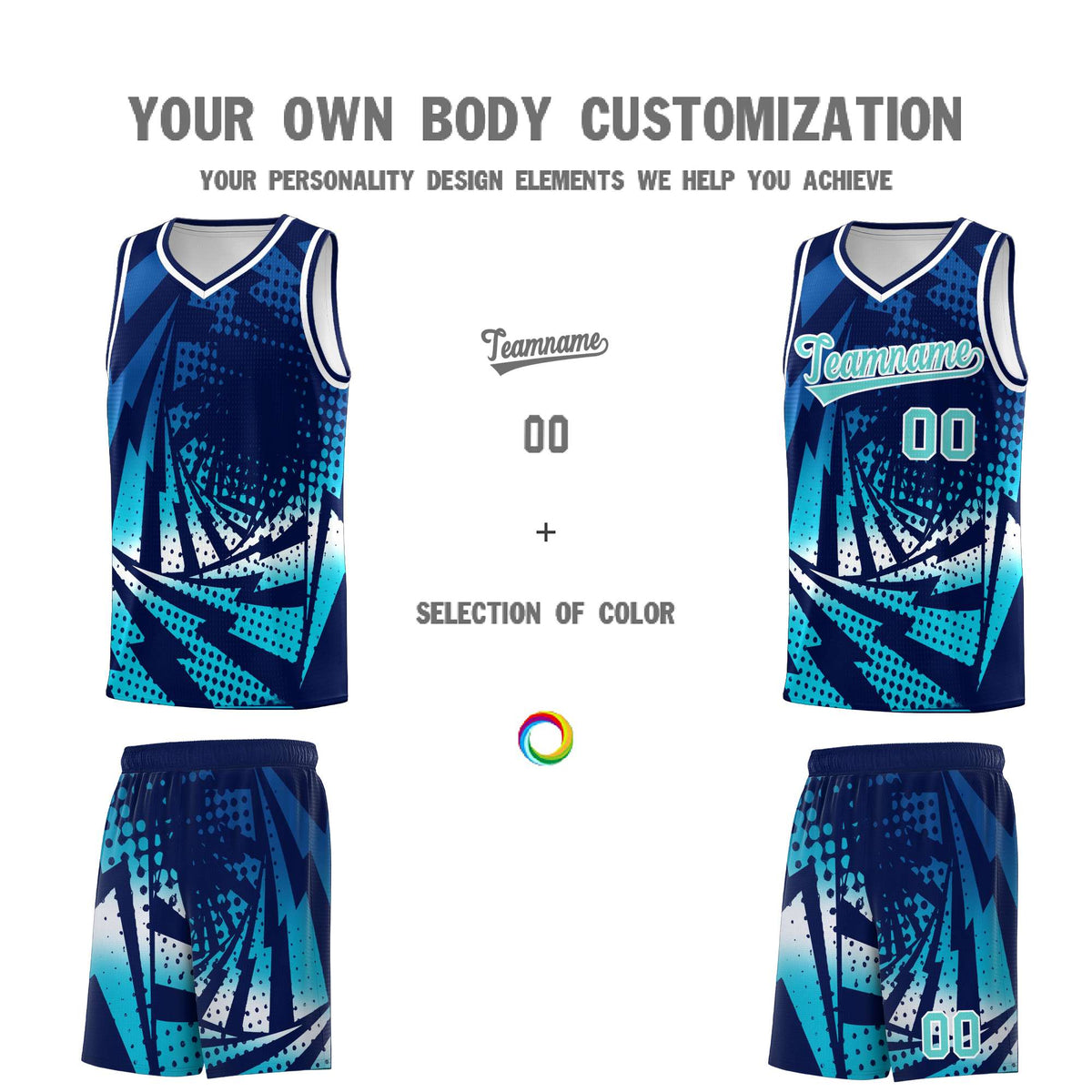 Custom Youth Basketball Jerseys Navy Sky Blue Lightning Halftone Personalized Team Uniforms