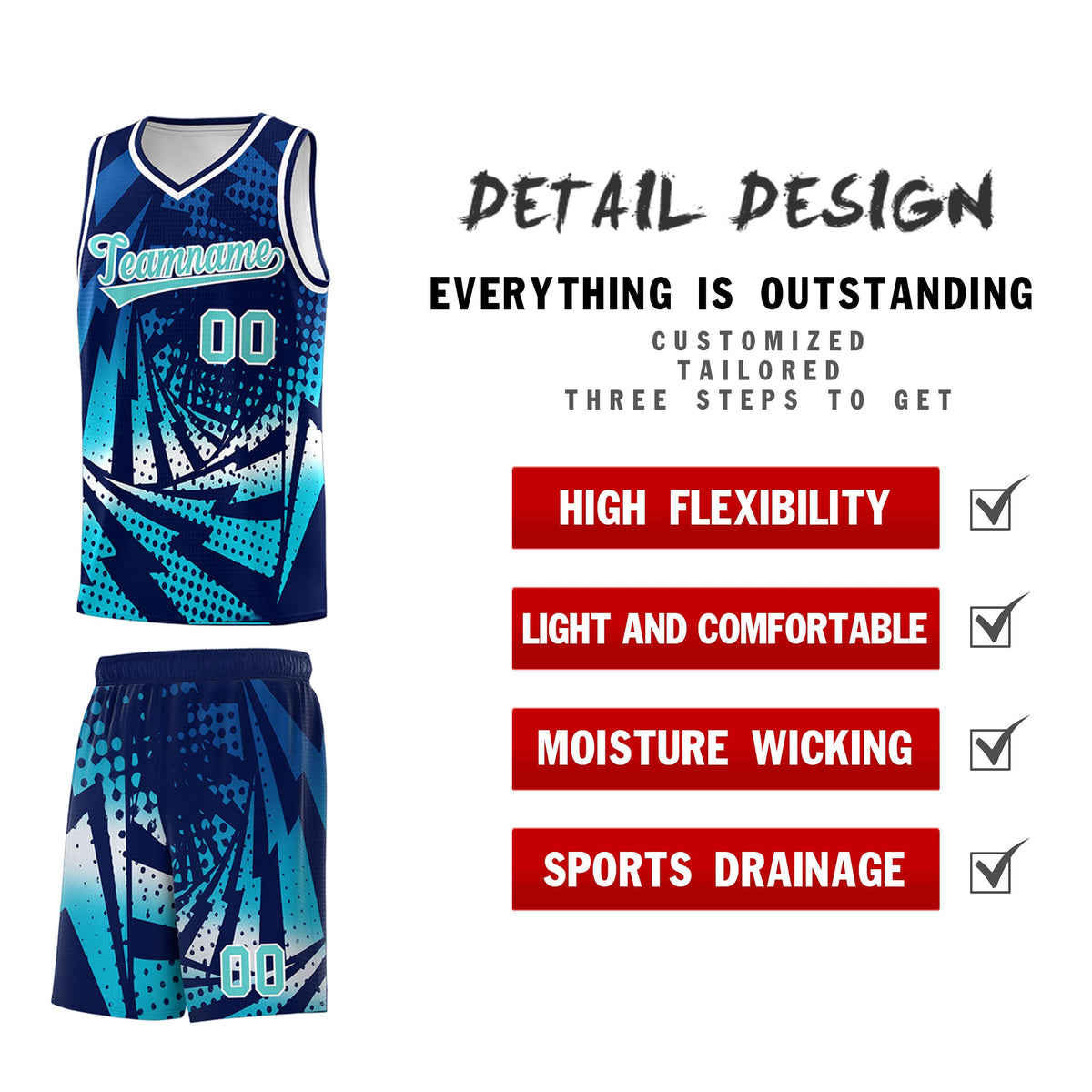 Custom Youth Basketball Jerseys Navy Sky Blue Lightning Halftone Personalized Team Uniforms