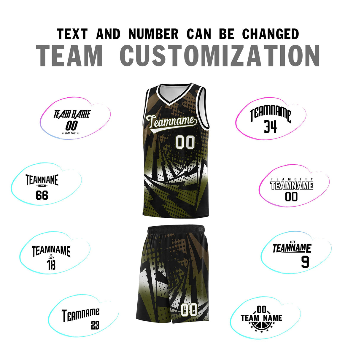 Custom Youth Basketball Jerseys Black Olive Lightning Design Halftone Personalized Uniforms