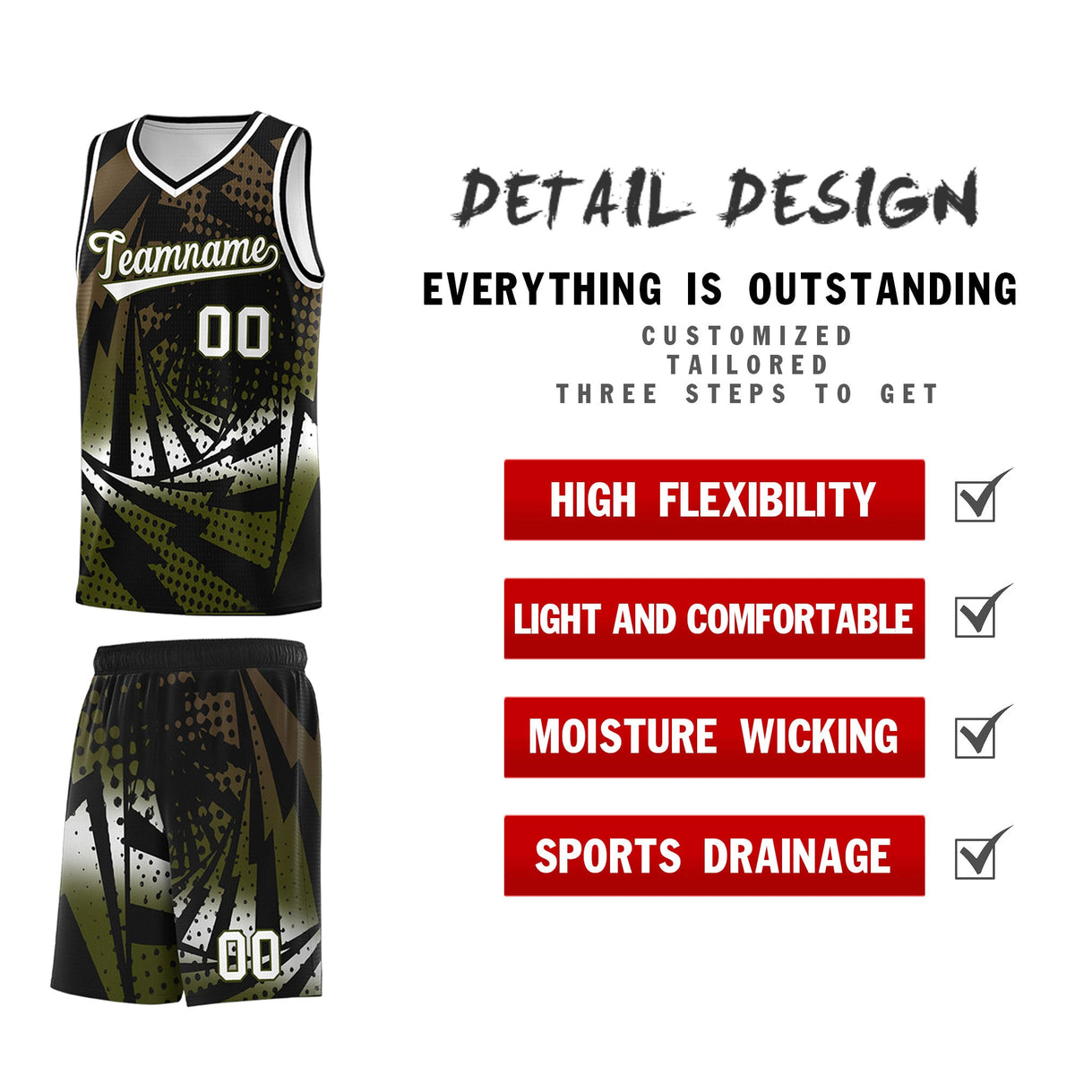 Custom Youth Basketball Jerseys Black Olive Lightning Design Halftone Personalized Uniforms