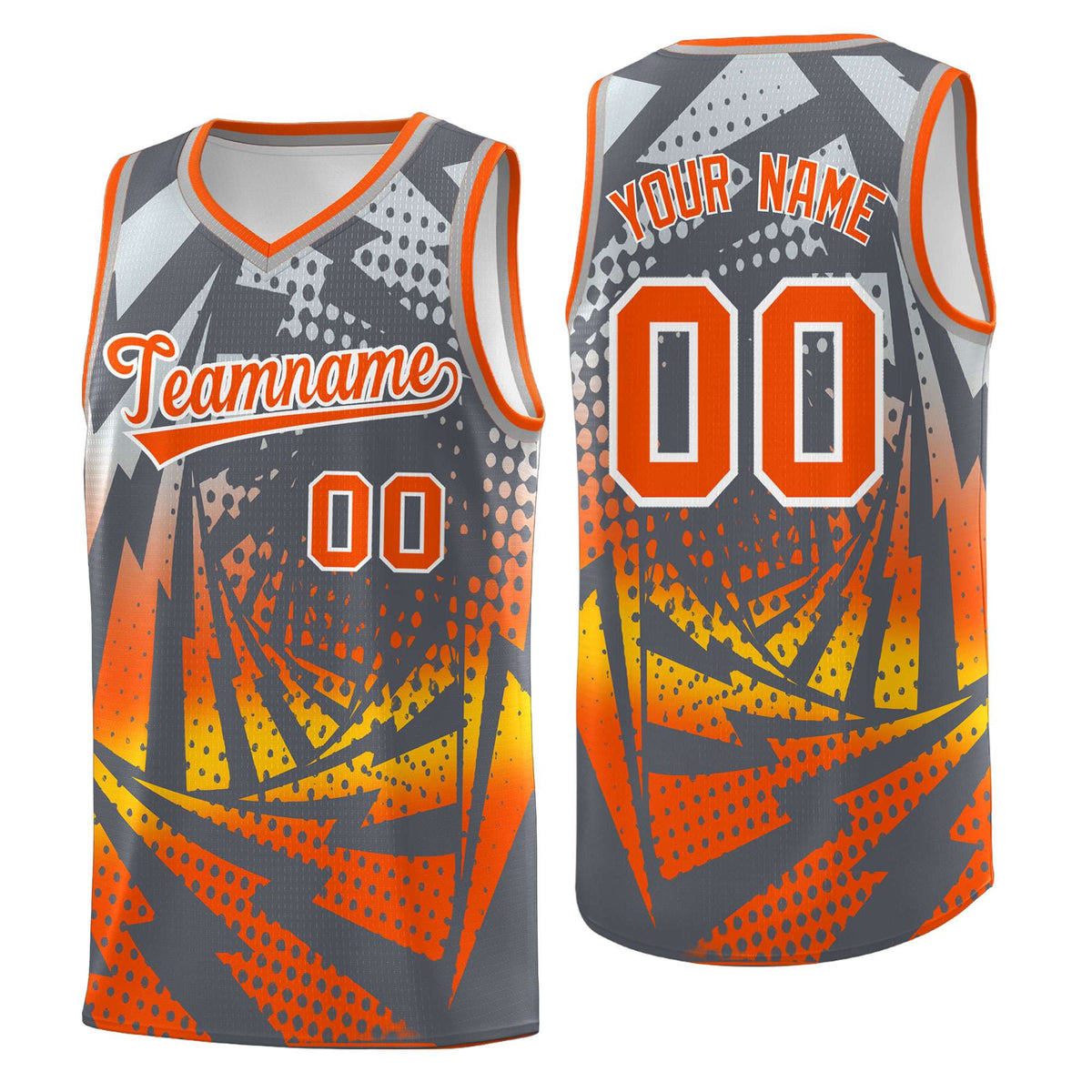 Custom Youth Basketball Jerseys Dark Gray Orange Lightning Design Halftone Personalized Uniforms