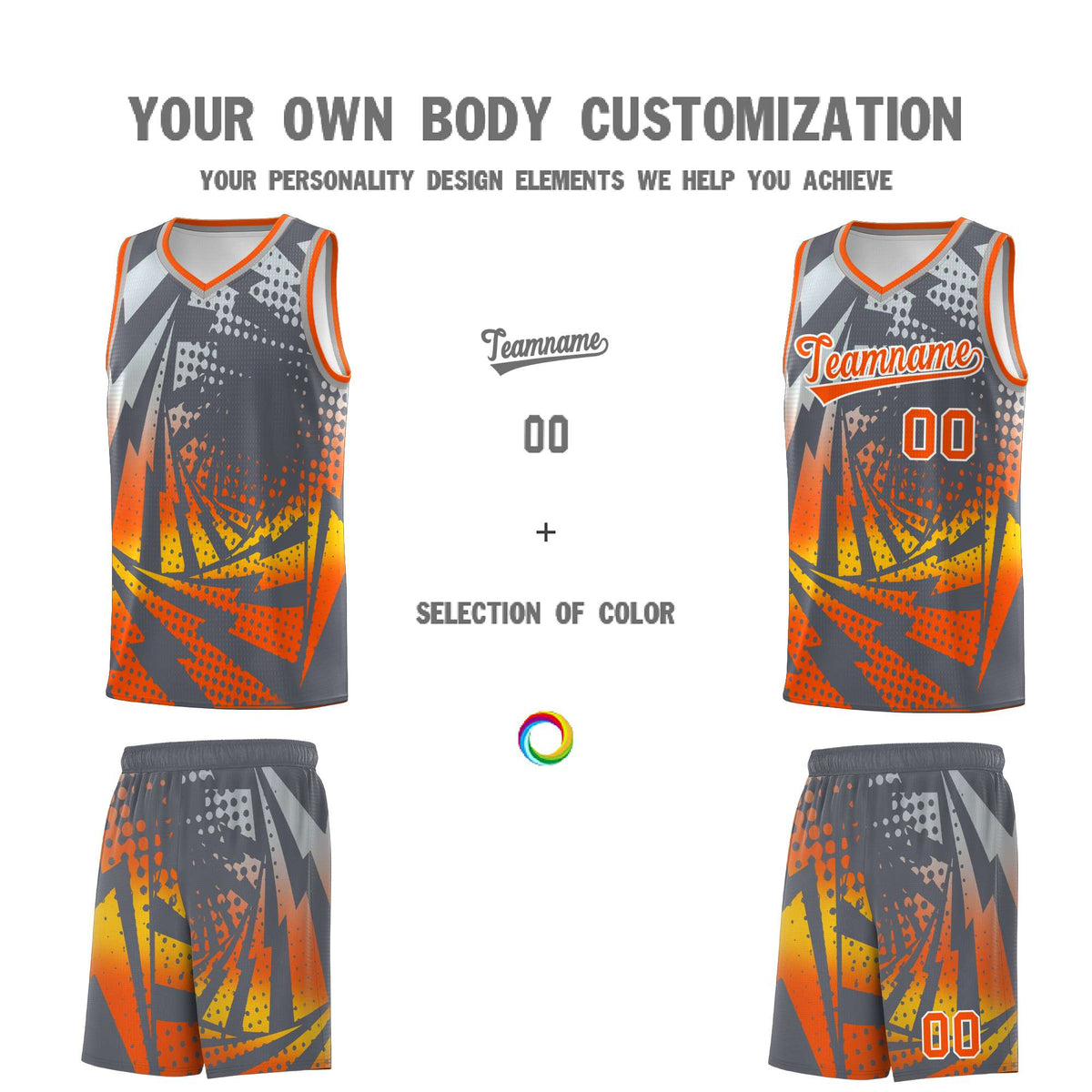 Custom Youth Basketball Jerseys Dark Gray Orange Lightning Design Halftone Personalized Uniforms