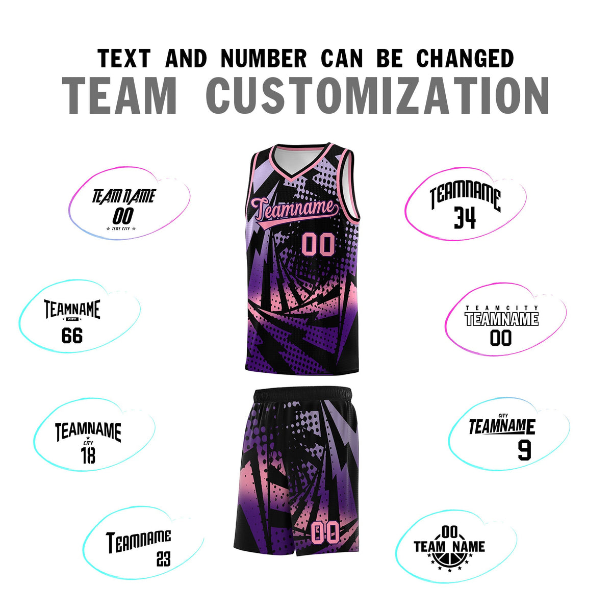 Custom Youth Basketball Jerseys Black Purple Lightning Halftone Personalized Team Uniforms