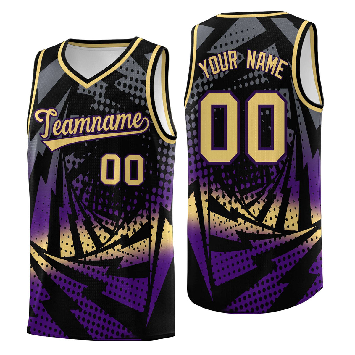 Custom Youth Basketball Jerseys Black Purple Lightning Design Halftone Personalized Uniforms