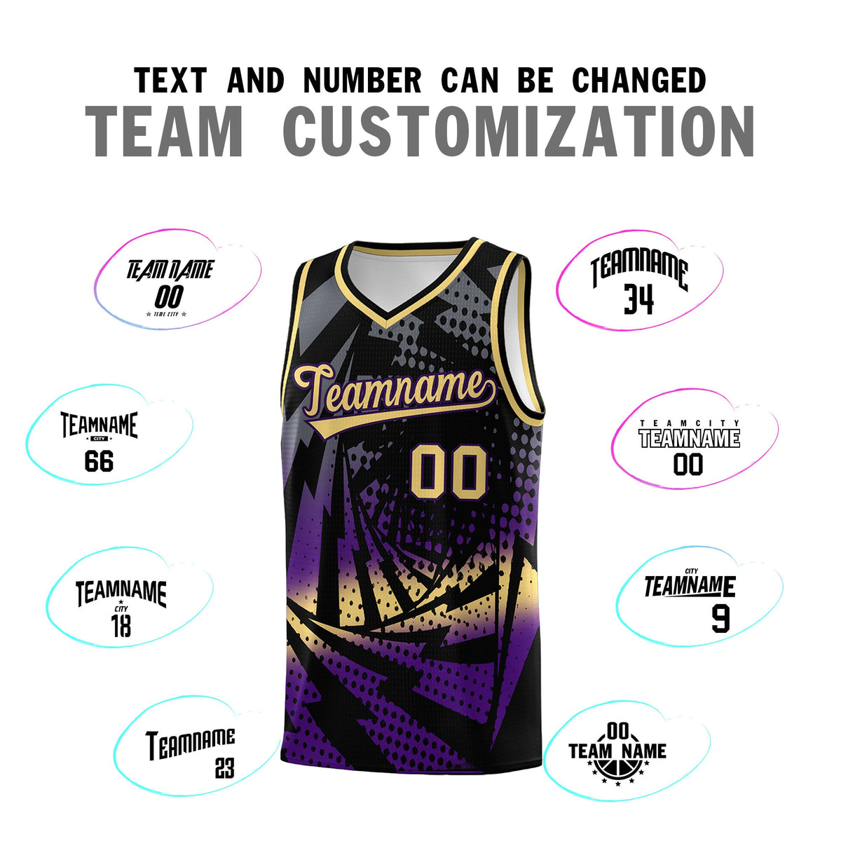 Custom Youth Basketball Jerseys Black Purple Lightning Design Halftone Personalized Uniforms