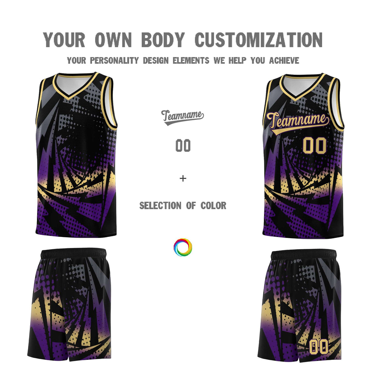 Custom Youth Basketball Jerseys Black Purple Lightning Design Halftone Personalized Uniforms