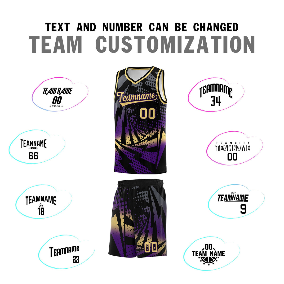 Custom Youth Basketball Jerseys Black Purple Lightning Design Halftone Personalized Uniforms