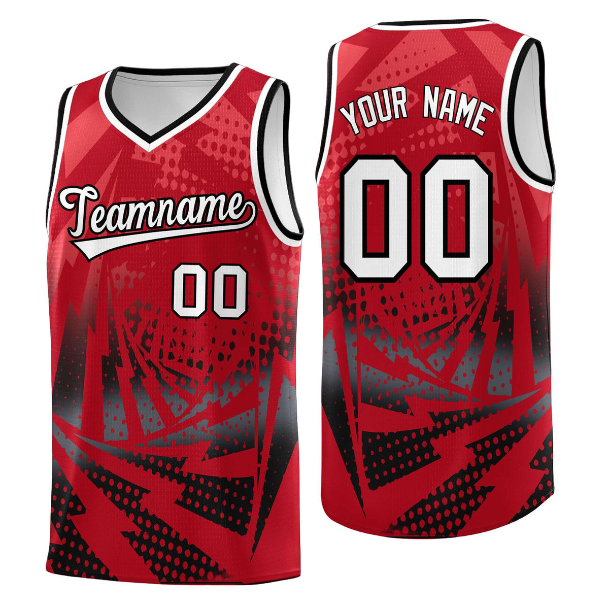 Custom Youth Basketball Jerseys Red Black Lightning Halftone Personalized Team Uniforms