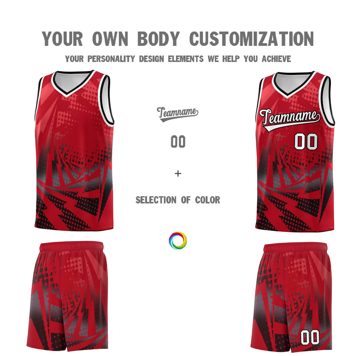 Custom Youth Basketball Jerseys Red Black Lightning Halftone Personalized Team Uniforms