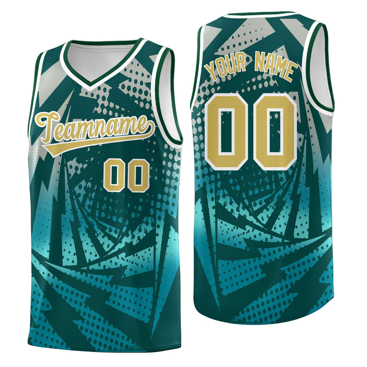 Custom Youth Basketball Jerseys Midnight Green Teal Lightning Halftone Personalized Team Uniforms