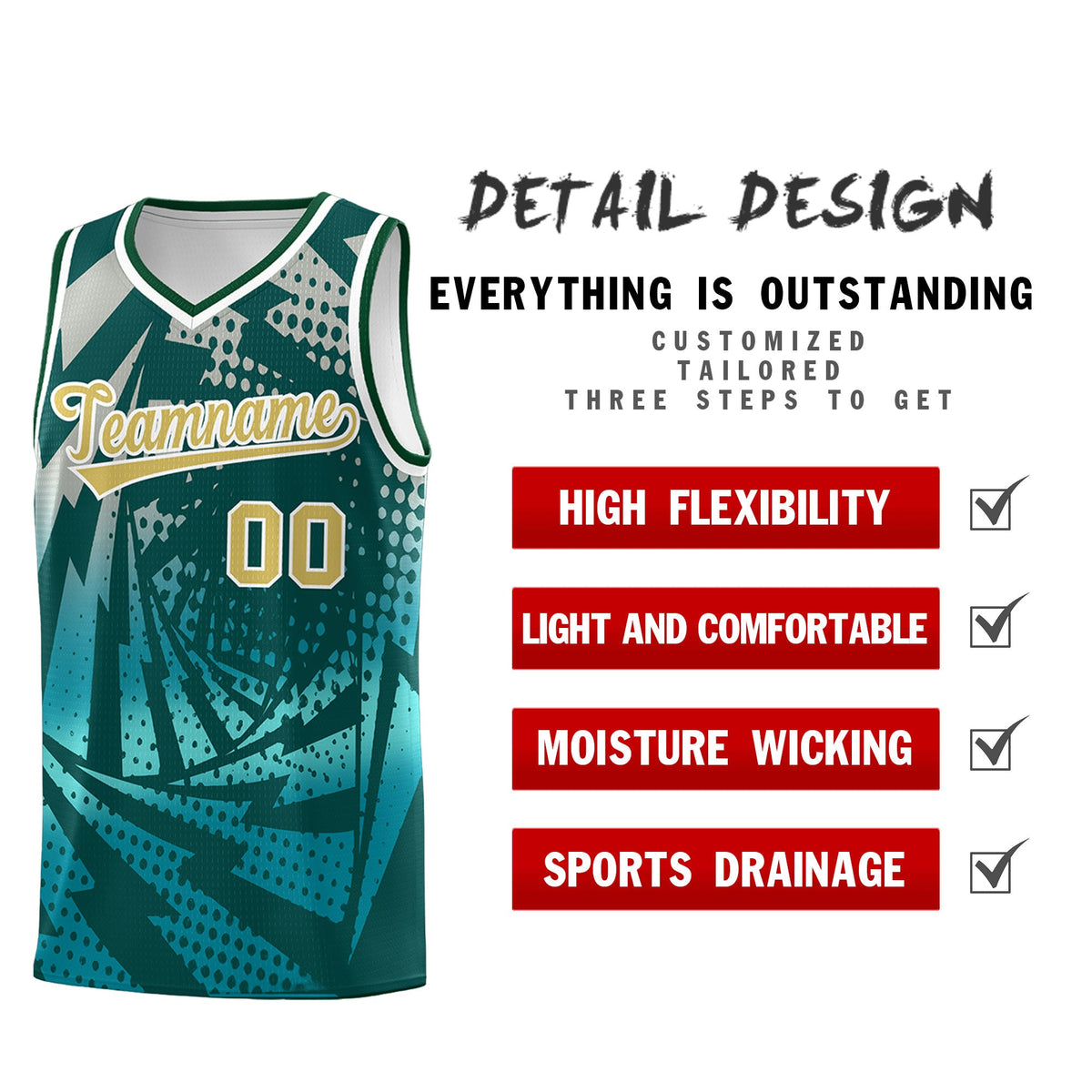 Custom Youth Basketball Jerseys Midnight Green Teal Lightning Halftone Personalized Team Uniforms