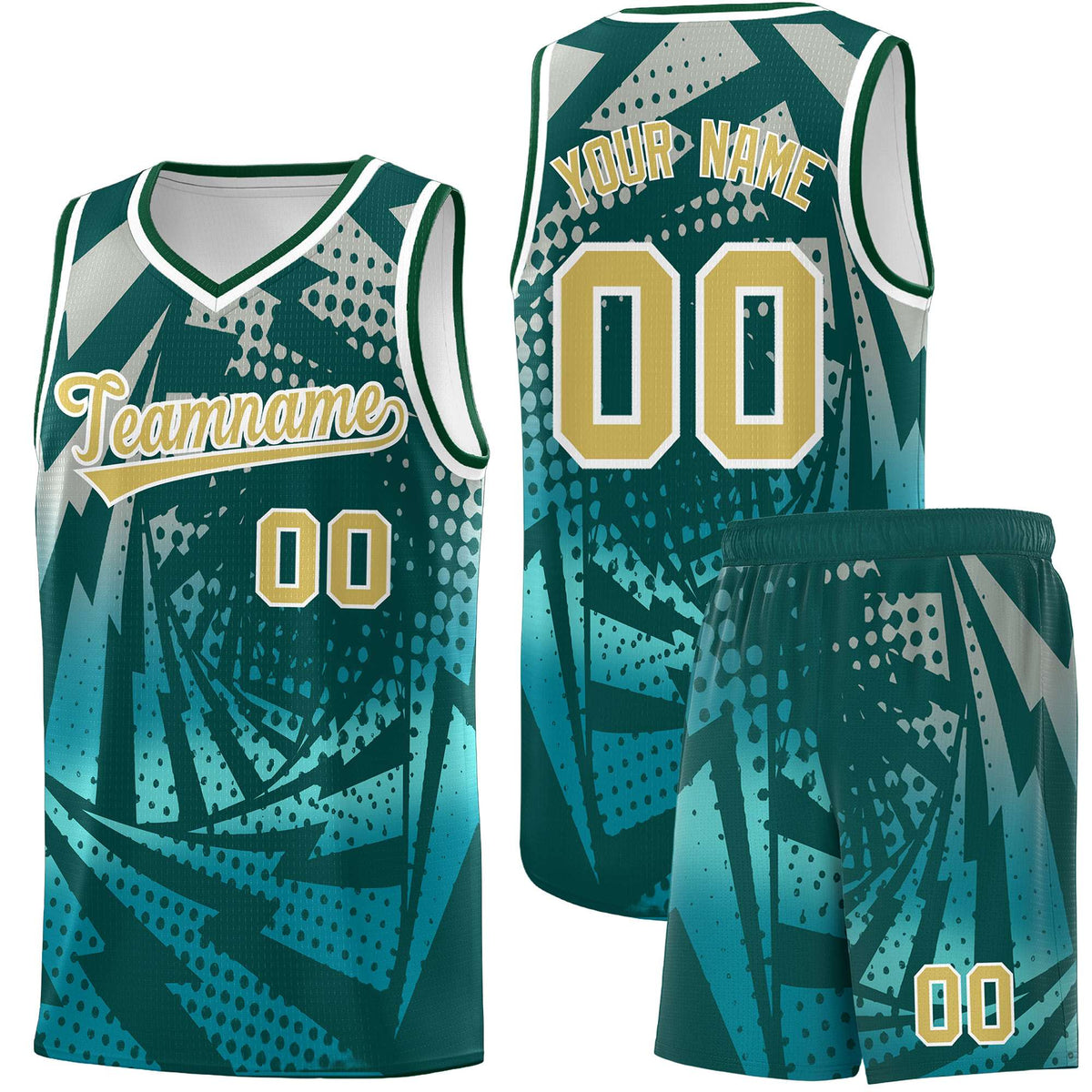 Custom Youth Basketball Jerseys Midnight Green Teal Lightning Halftone Personalized Team Uniforms
