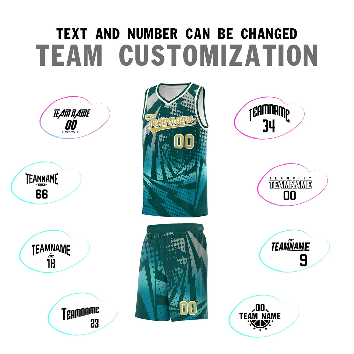 Custom Youth Basketball Jerseys Midnight Green Teal Lightning Halftone Personalized Team Uniforms